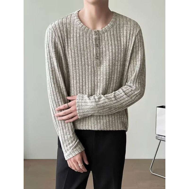 Mens Long-Sleeve T-Shirt Loose-Fit Striped All-Match Top