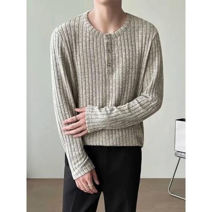 Mens Long-Sleeve T-Shirt Loose-Fit Striped All-Match Top