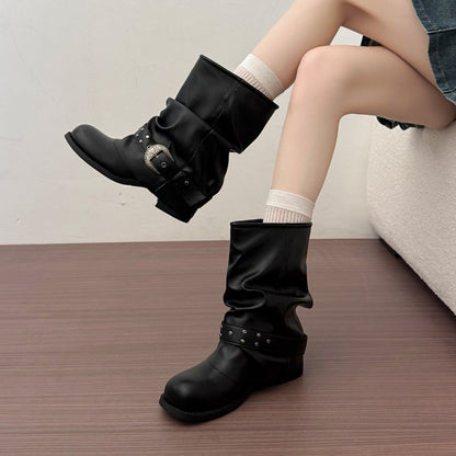 Women's Genuine Leather Ruched Western Cowboy Martin Boots, 2026 Autumn New Arrival, Versatile Platform Chunky Heel Pants Shaft Ankle Boots