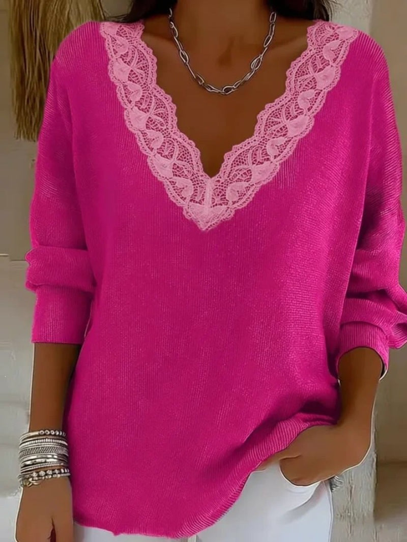 Women Casual Knitted Pullover Tops Lace Trim V Neck Long Sleeve Loose Fit Solid Color Blouse Shirts