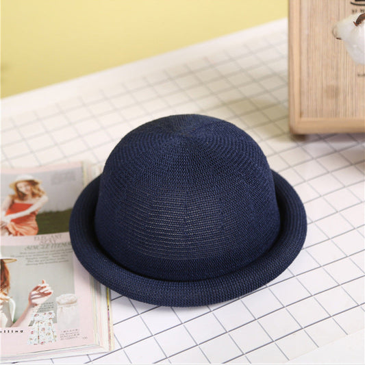 Women's Straw Yarn Curled Brim Round Crown Top Hat Leisure Basin Hat