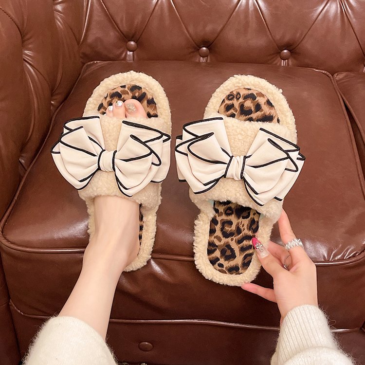 Women's Korean Style Bow Plush Warm Furry Slippers, 2026 Autumn Winter Leopard Print Patchwork Wearable Indoor Cotton Slides