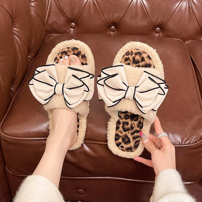Women's Korean Style Bow Plush Warm Furry Slippers, 2026 Autumn Winter Leopard Print Patchwork Wearable Indoor Cotton Slides