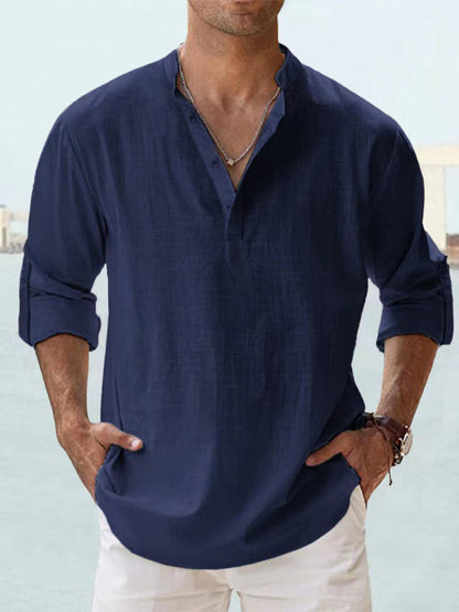 Trade Men's Linen Collar Long-sleeved T-shirt Loose T-shirt Solid Color Long-sleeved Cotton And Linen Shirt For Men