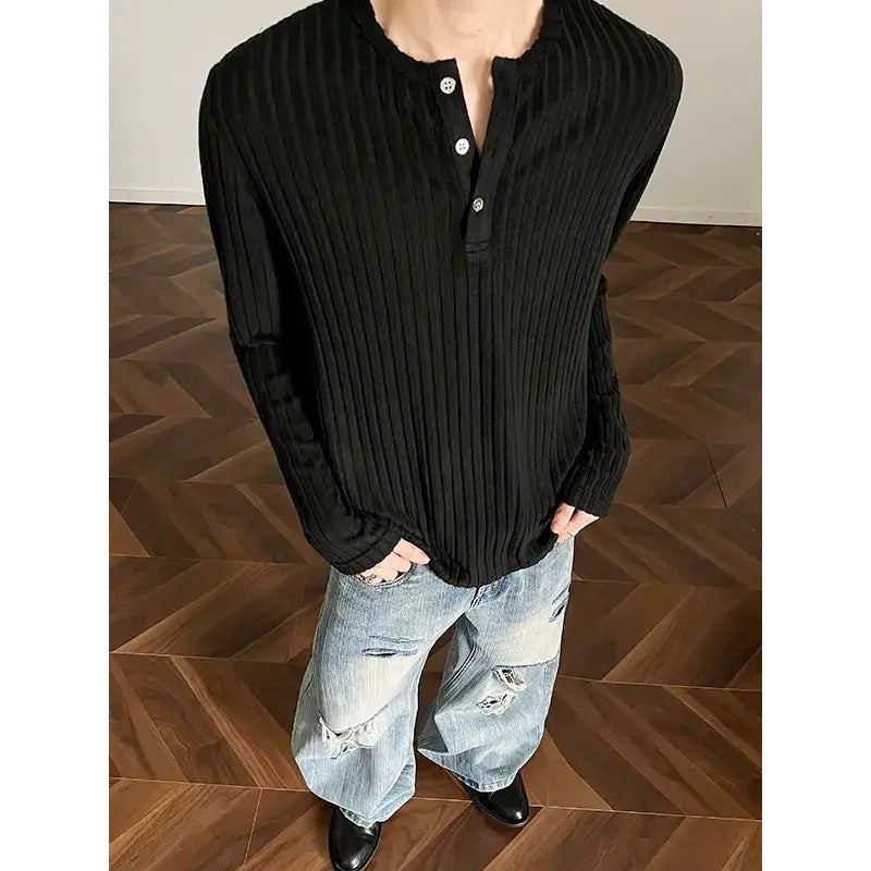 Mens Long-Sleeve T-Shirt Loose-Fit Striped All-Match Top