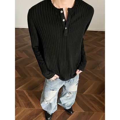 Mens Long-Sleeve T-Shirt Loose-Fit Striped All-Match Top