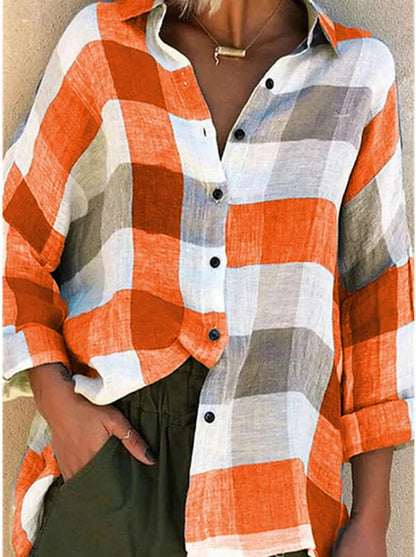 2025 New European And American Cross-Border Amazon Lapel Casual Commuting Long-Sleeved Plaid Printed Shirt