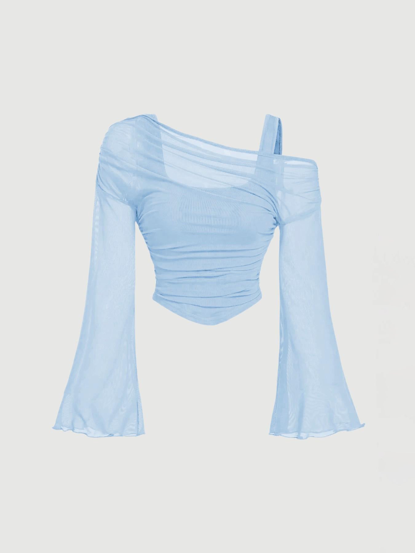 Mesh-Neck Pleated Long-Sleeve T-Shirt Top