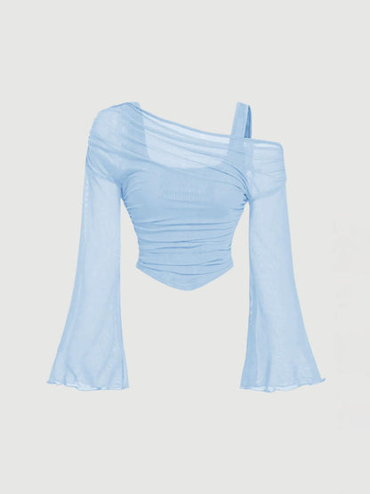 Mesh-Neck Pleated Long-Sleeve T-Shirt Top