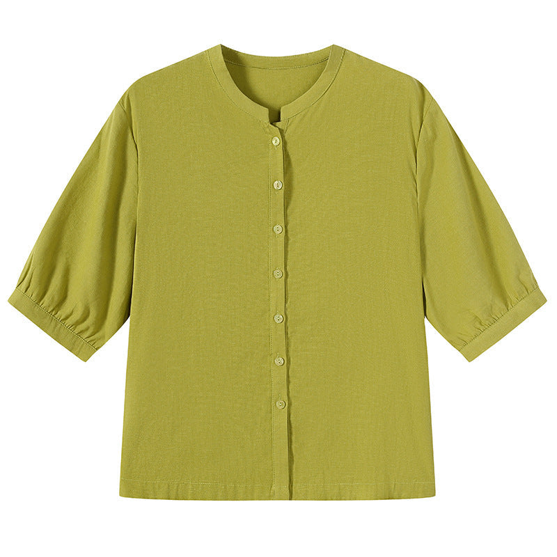 Retro Cotton-linen Blouse For Women Three-quarter Sleeves Arrival Round Neck
