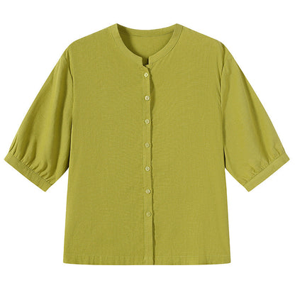 Retro Cotton-linen Blouse For Women Three-quarter Sleeves Arrival Round Neck