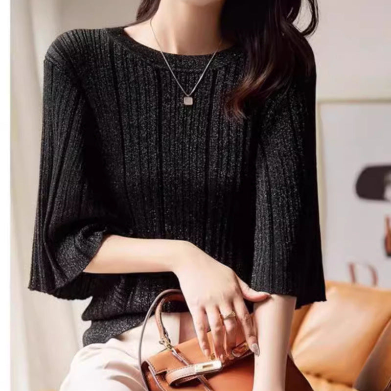 Womens French-style Batwing-sleeve Knit Short-sleeve Top