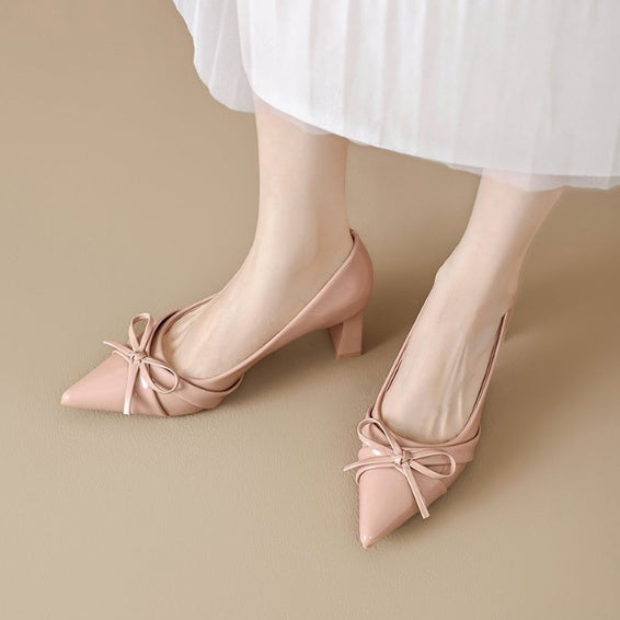 Pointed Toe Patent Leather French Bow High Heels For Women, New Spring Elegant Commuter Block Heel Shallow Mouth Fashion Pumps