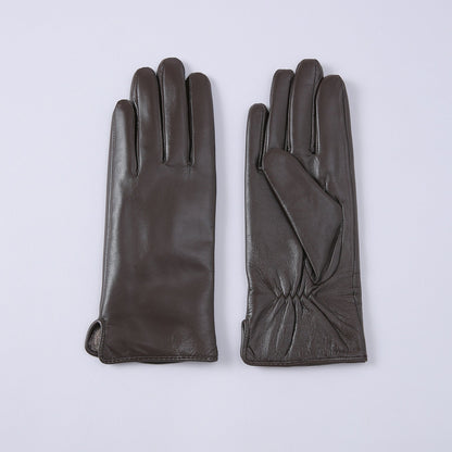 Womens Solid-Color Fleece-Lined Thermal Leather Gloves
