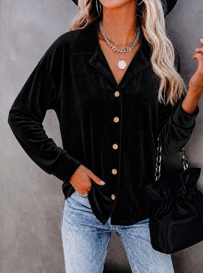 Casual Chic Button-up Velvet Long-sleeve Shirt