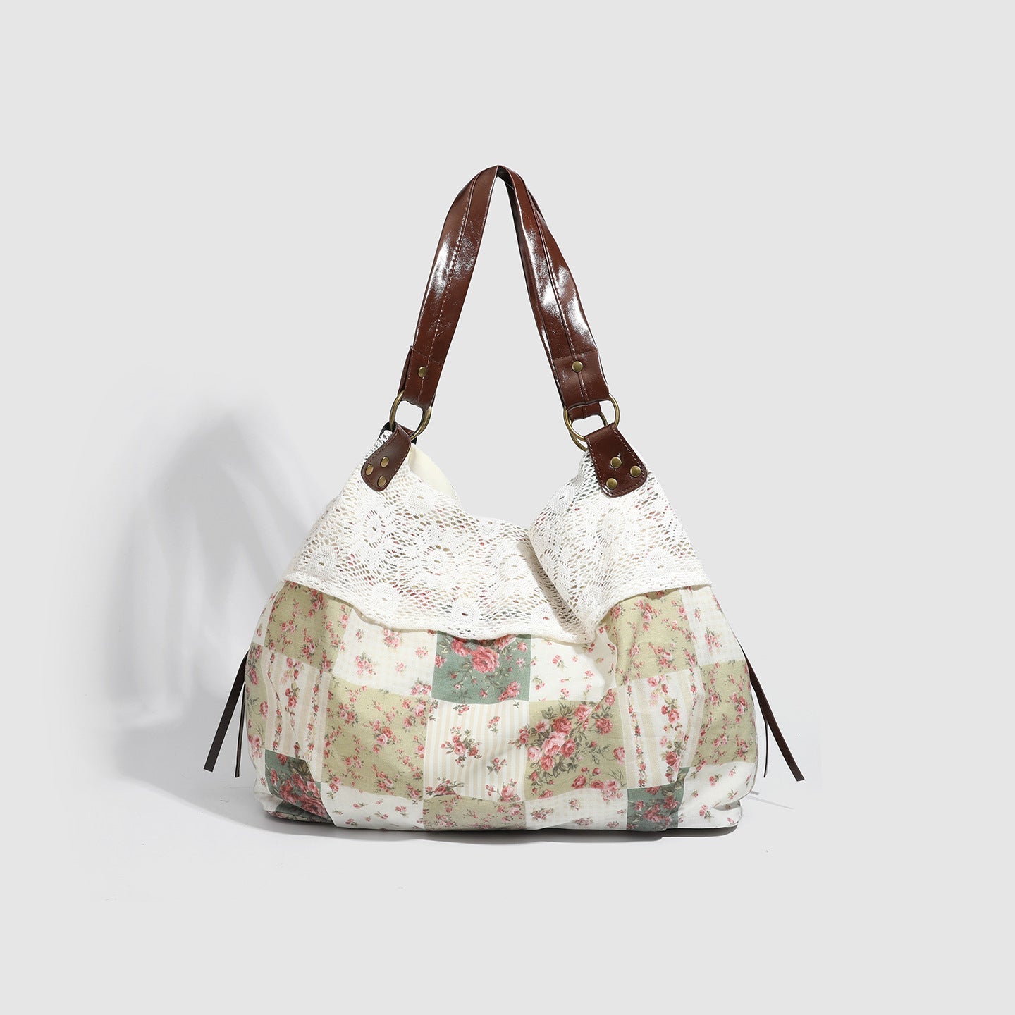 Womens Cotton Floral Patchwork Hollow-Out Shoulder Bag