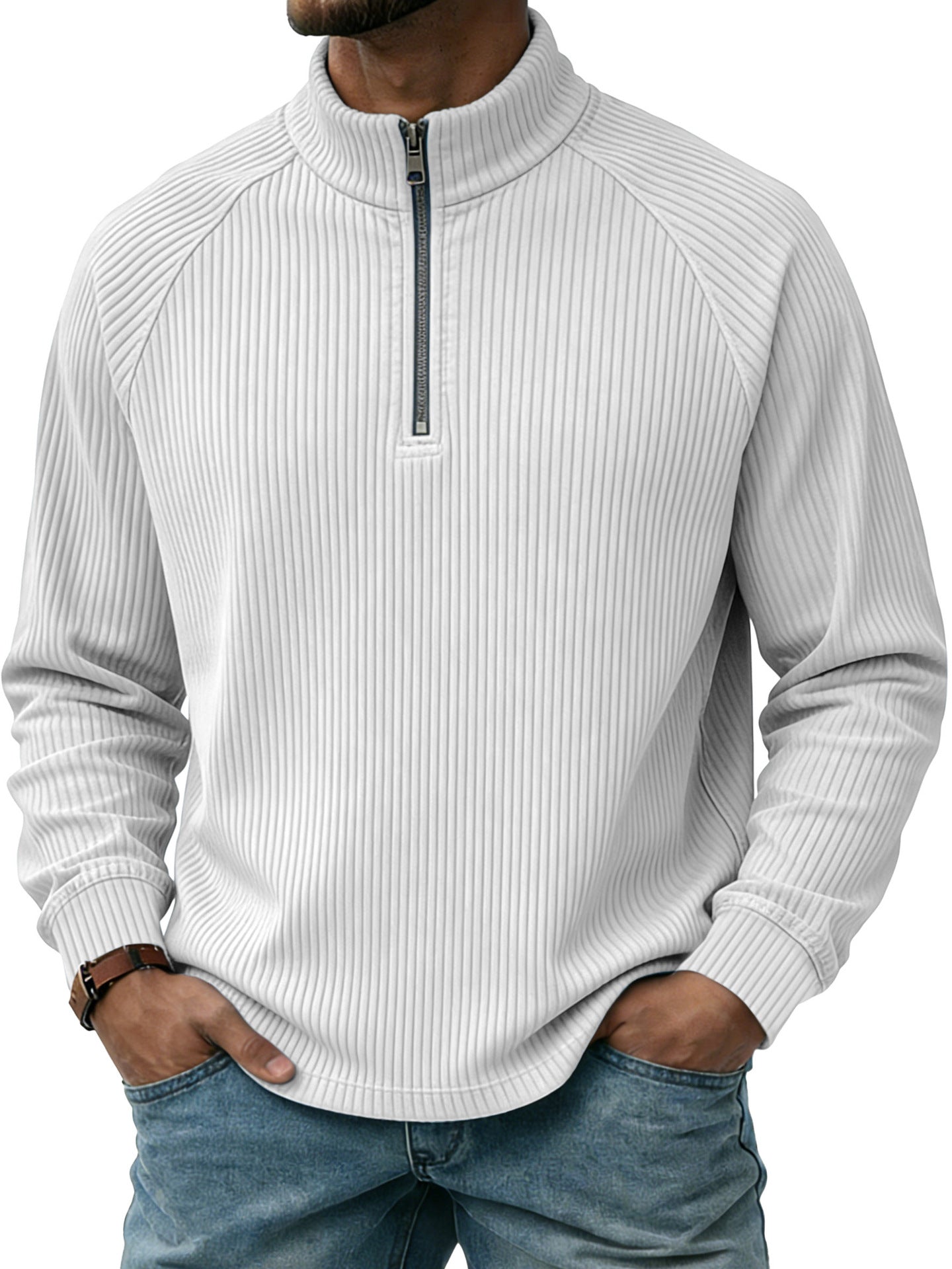 Mens Vertical-Striped Zip-Up Stand-Collar Long-Sleeve Polo Shirt