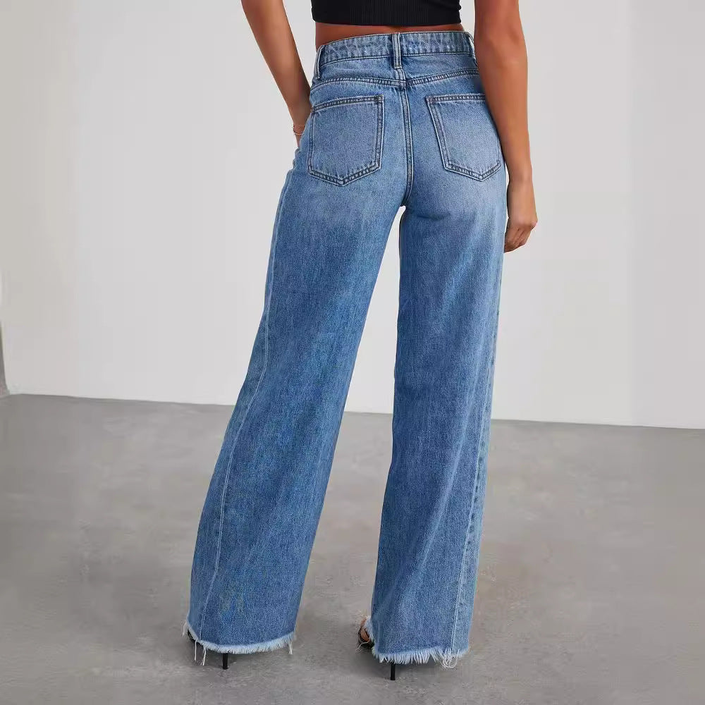 Europe And The United States Cross-border New Amazon Loose Wide Leg Side Stitching Framed Hem Jeans Women's 32150