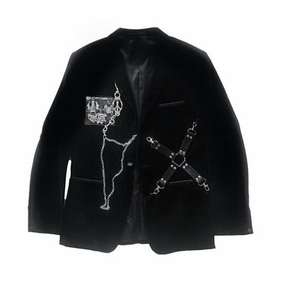 Gothic Style Dark Black Velvet Woolen Shoulder Pad Blazer Women