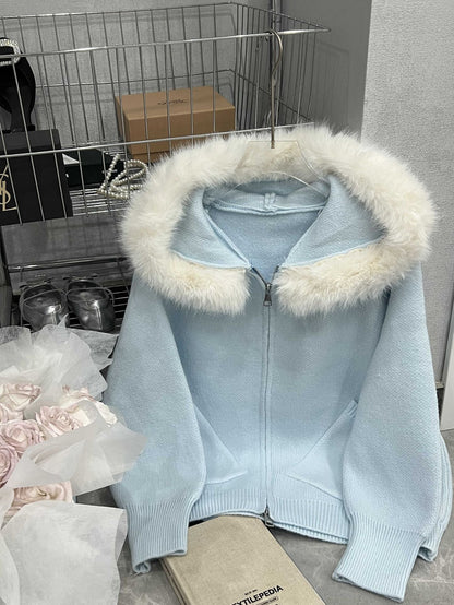 Thickened Hooded Large Fur Collar Knitted Women's Clothing Loose Casual Sweater