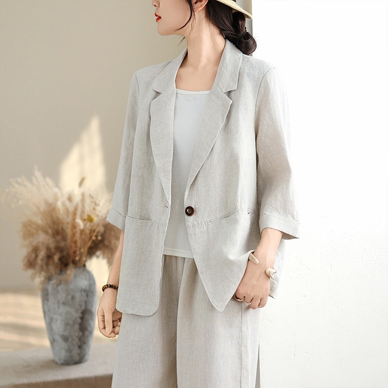 Artistic Retro Cotton-Linen Three-Quarter-Sleeve Blazer Jacket For Women