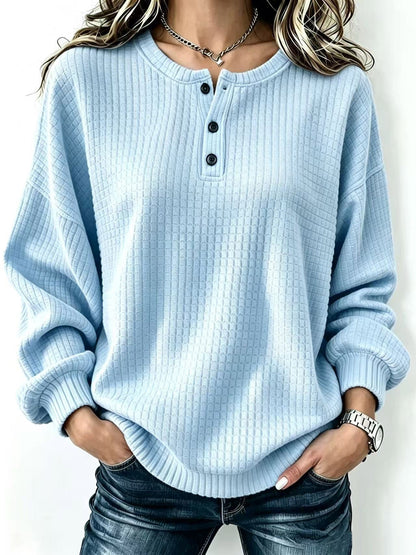 Womens Plaid Casual Loose-fit Crew-neck Long-sleeve Sweatshirt With Buttons