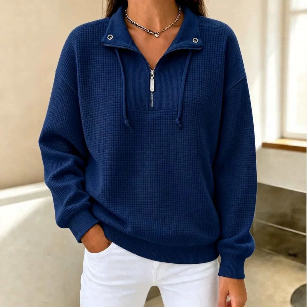 Autumn Solid-Color Stand-Neck Zippered Long-Sleeve Patchwork Womens Sweatshirt