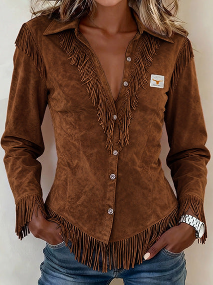 Spot Amazon Foreign Trade Cross-Border 2025 Western Cowboy Style Suede Tassel Slim Long-Sleeved Shirt