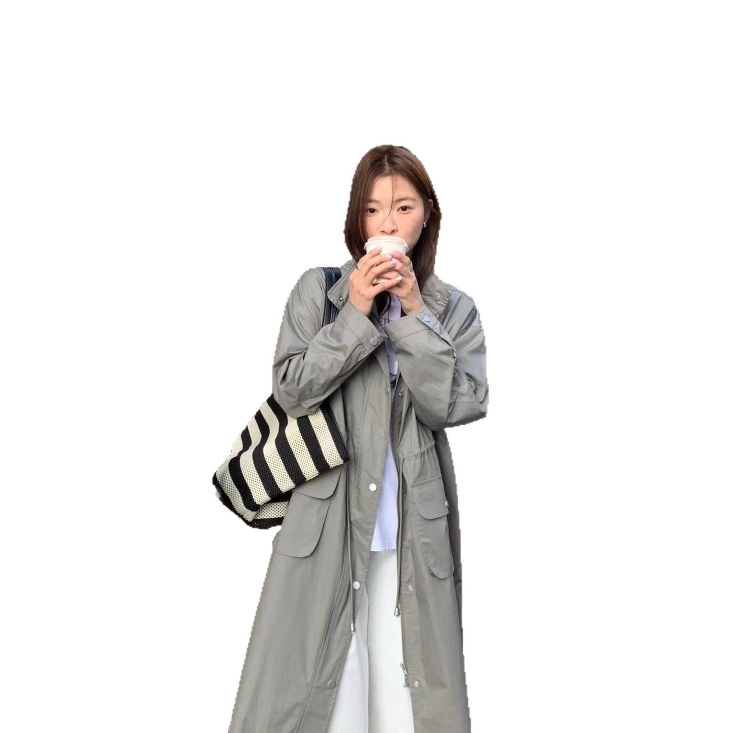 Loose Casual Stylish Long Trench Coat With A Stand Collar And Drawstring