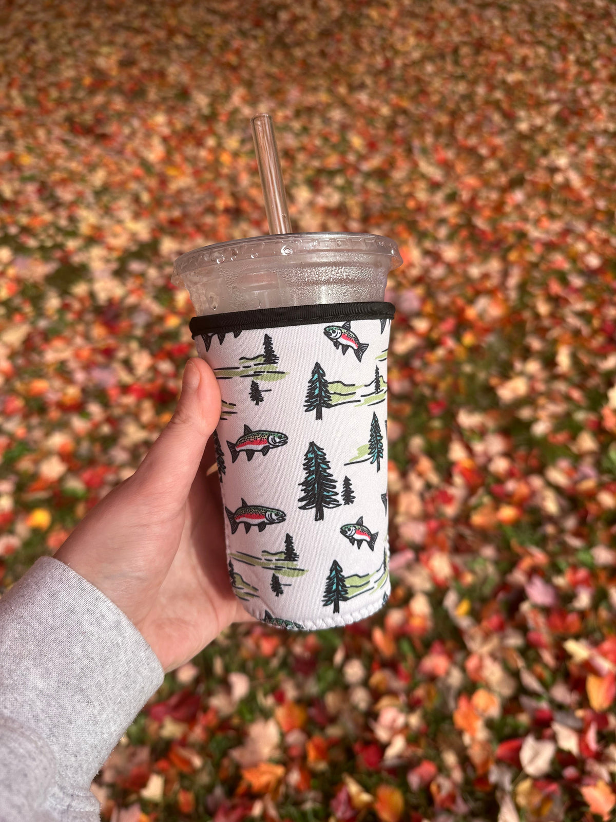 Trout and pines Coffee Sleeve | Reusable Neoprene Iced Coffee Cup Cover 16-24oz Cowboy Print Eco-Friendly Insulator for Grande & Venti Cups