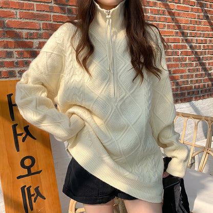 Womens Turtleneck Half-Zip Diamond-Pattern Pullover Sweater