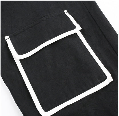 White Stripe Cargo Pants Women Trousers Pockets Patchwork Contrast Color High Waist Pants Hip Hop Capris