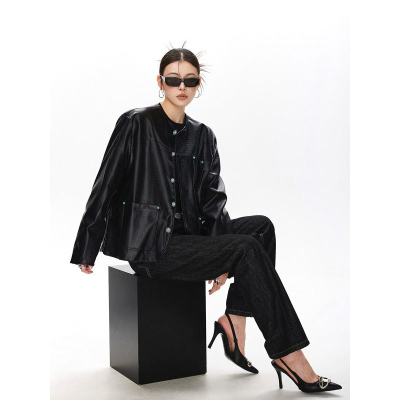 Womens Black Alligator-Print Collarless Leather Jacket