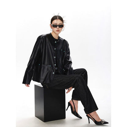 Womens Black Alligator-Print Collarless Leather Jacket