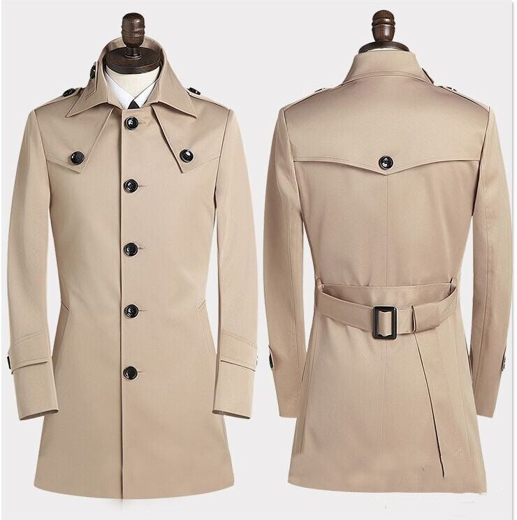 Men's Lapel Trench Coat Korean Version Slim Single Breasted Medium Length