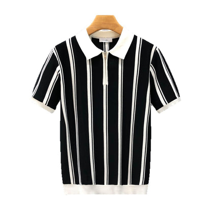 Mens Half-Zip Short-Sleeve Striped Polo Shirt