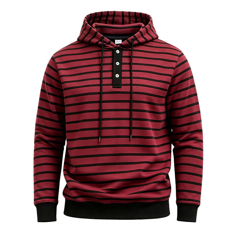 Mens Loose-Fit Striped Hoodie With Three Buttons