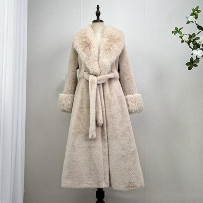 FallWinter Faux Mink Fur-and-leather One-piece Over-the-knee Long Fur Coat