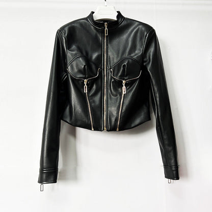Heavy-duty PU Leather Moto-style Cropped Jacket With A Stand Collar And Zip Front