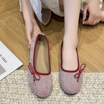 Women French Suede Bow Soft Sole Ballet Flats 2026 New Fairy Style Slip On Mary Jane Pumps