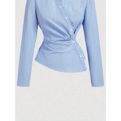 Womens Blue And White Vertical-striped Asymmetrical Long-sleeve Shirt