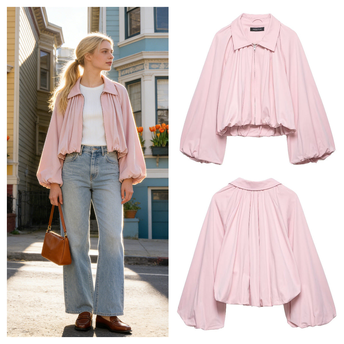 European And American-style Balloon-sleeve Aviator Jacket For Women