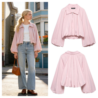 European And American-style Balloon-sleeve Aviator Jacket For Women