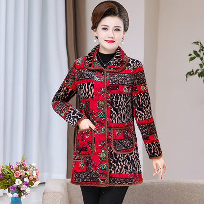Womens Fashionable Floral-print Warm Plus-size Cotton Coat