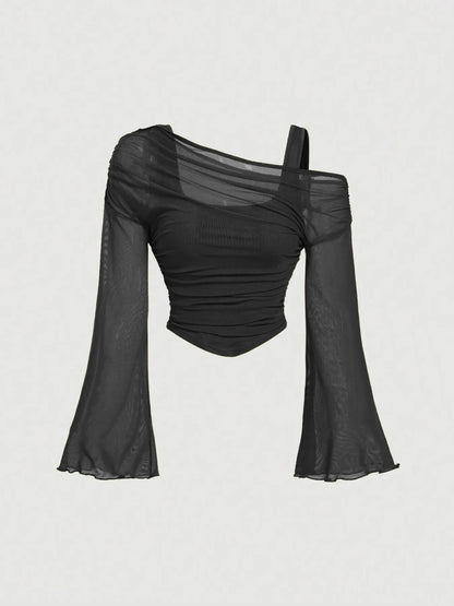 Mesh-Neck Pleated Long-Sleeve T-Shirt Top
