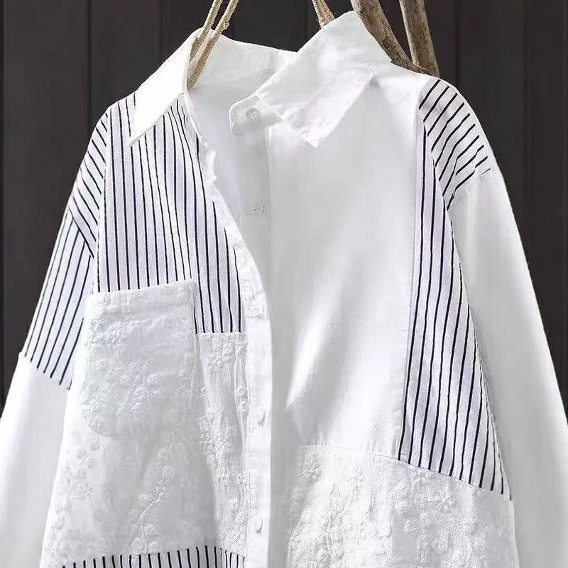 Literary-style Striped Embroidered Patchwork Blouse
