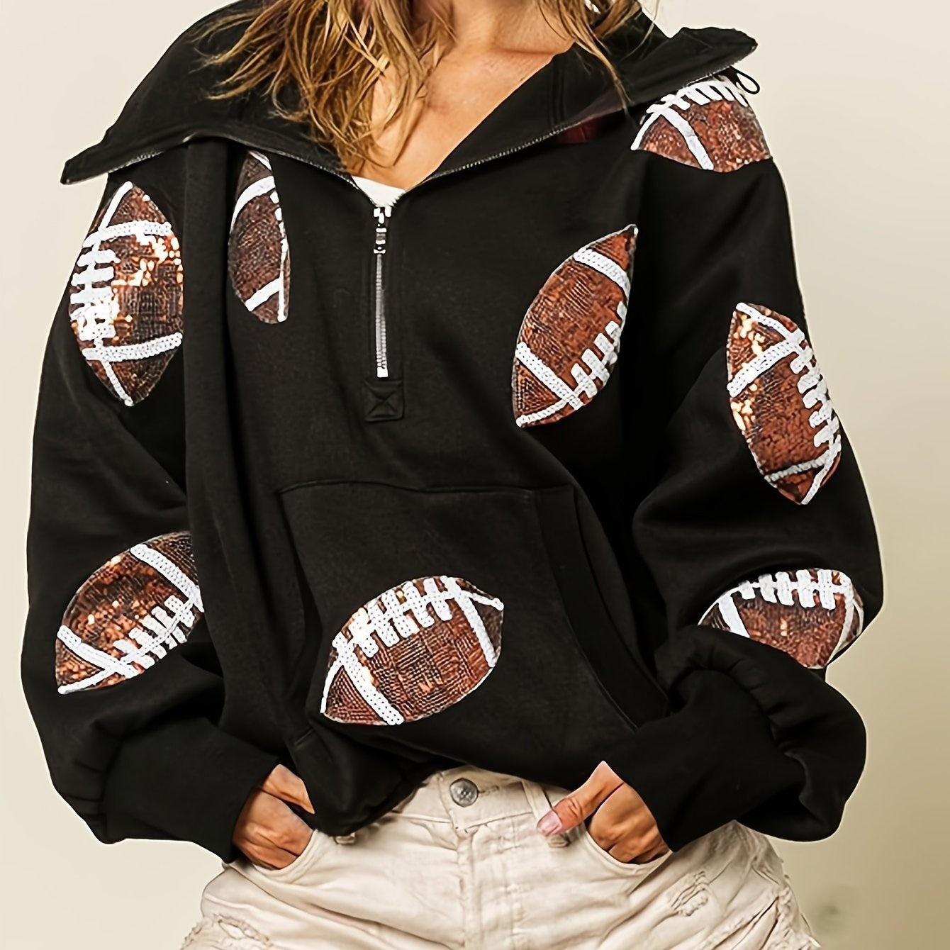 Football Digital Print Hoodie With Long Sleeves And A Zipper