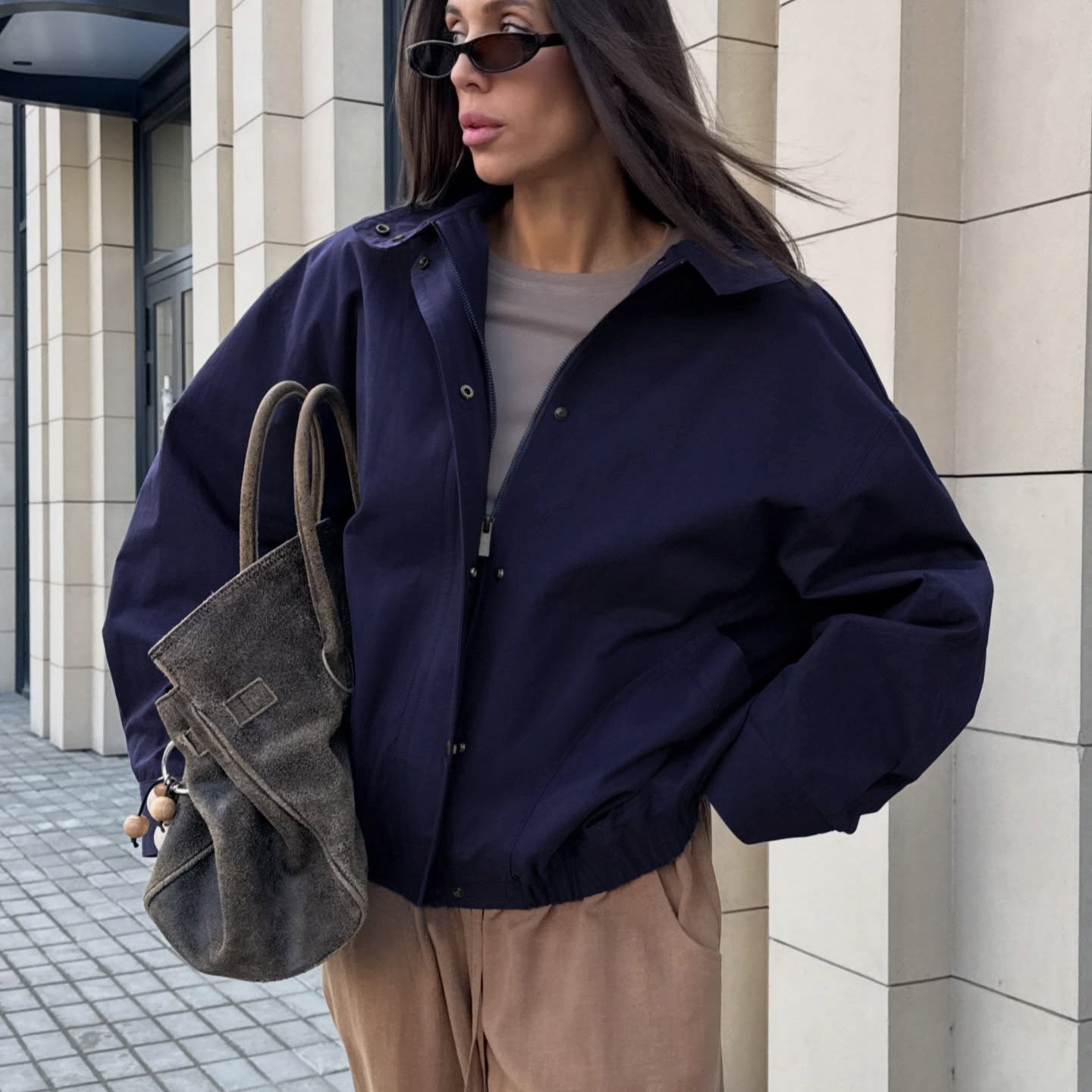 Womens American Workwear Style Stand-Neck Short Jacket