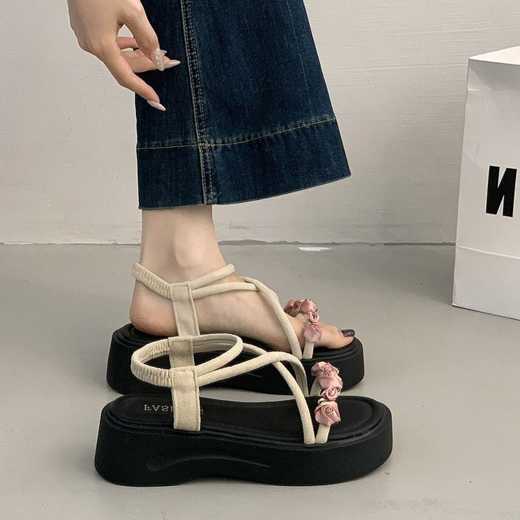 Platform Roman Sandals For Women, 2026 New Spring Summer French Style Floral Beach Shoes Matching Dresses