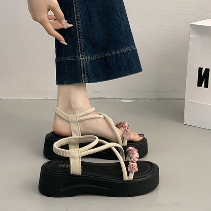 Platform Roman Sandals For Women, 2026 New Spring Summer French Style Floral Beach Shoes Matching Dresses
